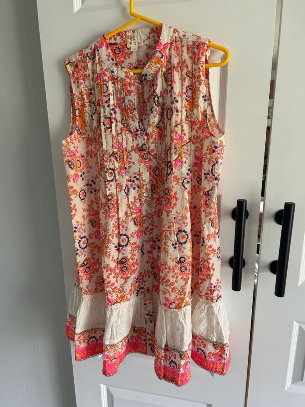 POL Sleeveless Floral Tiered Tunic Dress - Pink & Orange Flower Print large